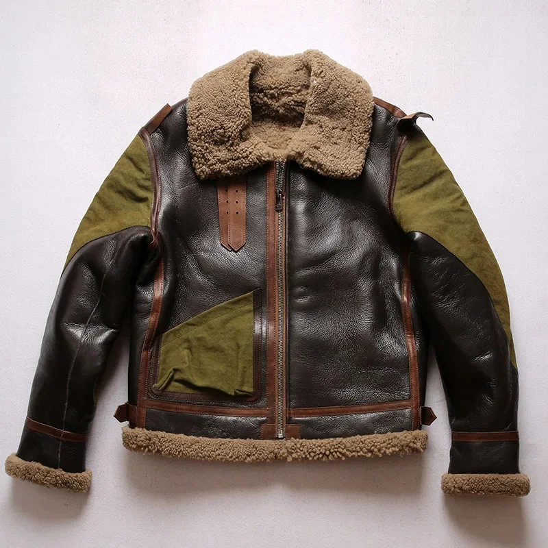 

Military Bomber Pilot Jacket B3 Fur Men Aged Washed Canvas Patchwork Genuine Leather Sheep Shearling Premium Warm coat