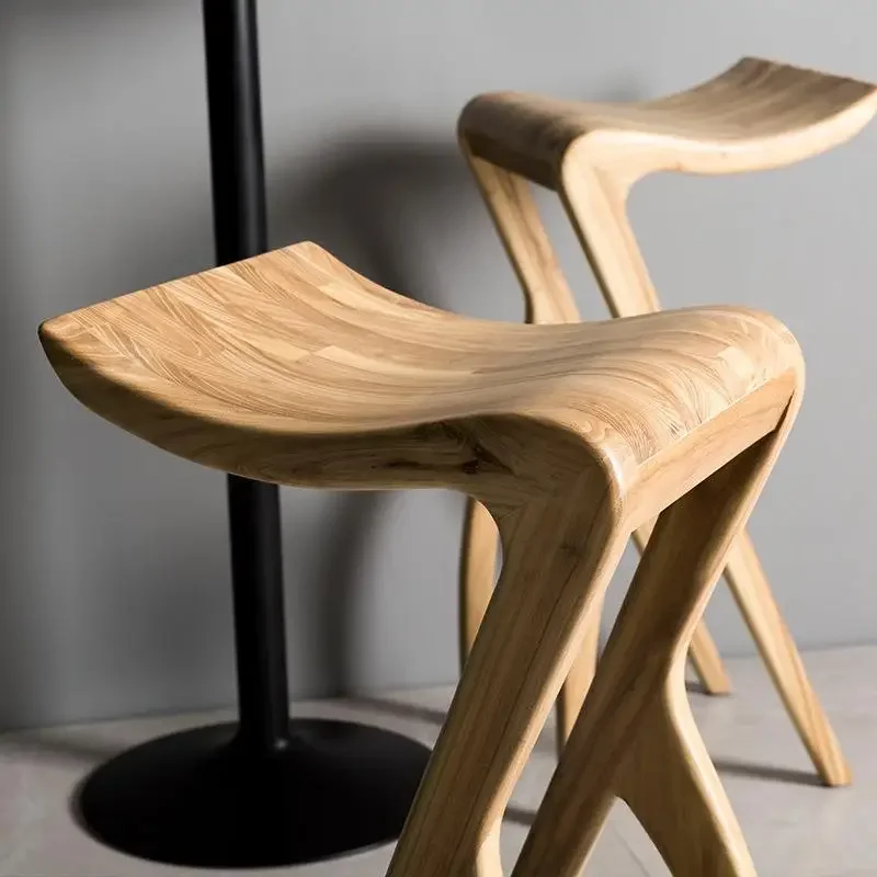 Bar  Modern simple solid wood home Nordic bar  Light  backrest Front desk high stool Bar stool