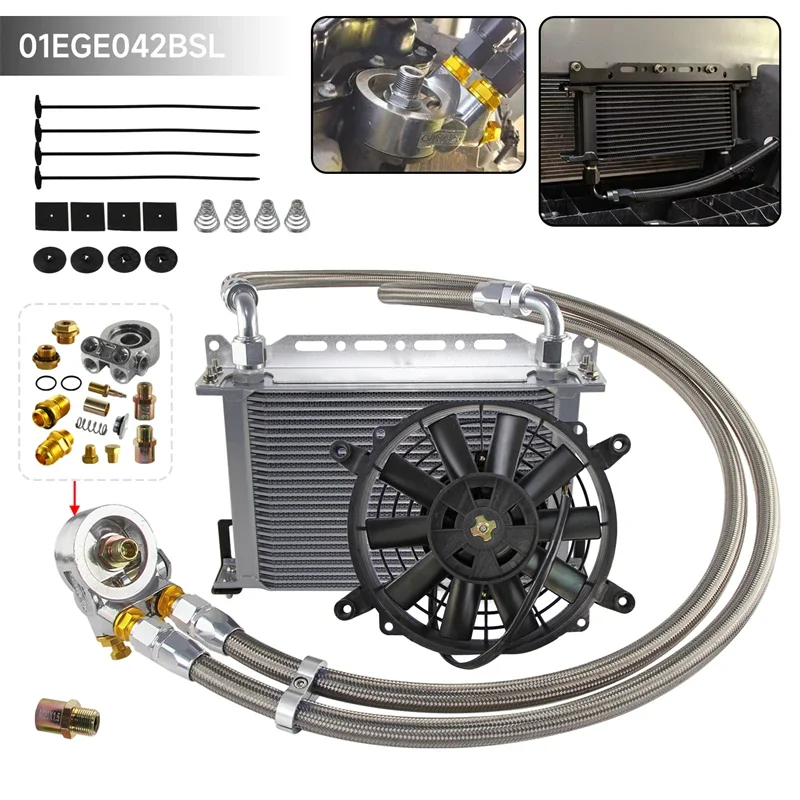 Oil Cooler Mount Kit Universal 25 Row Engine with Thermostatic Oil Filter Adapter & 12V Electric Fan