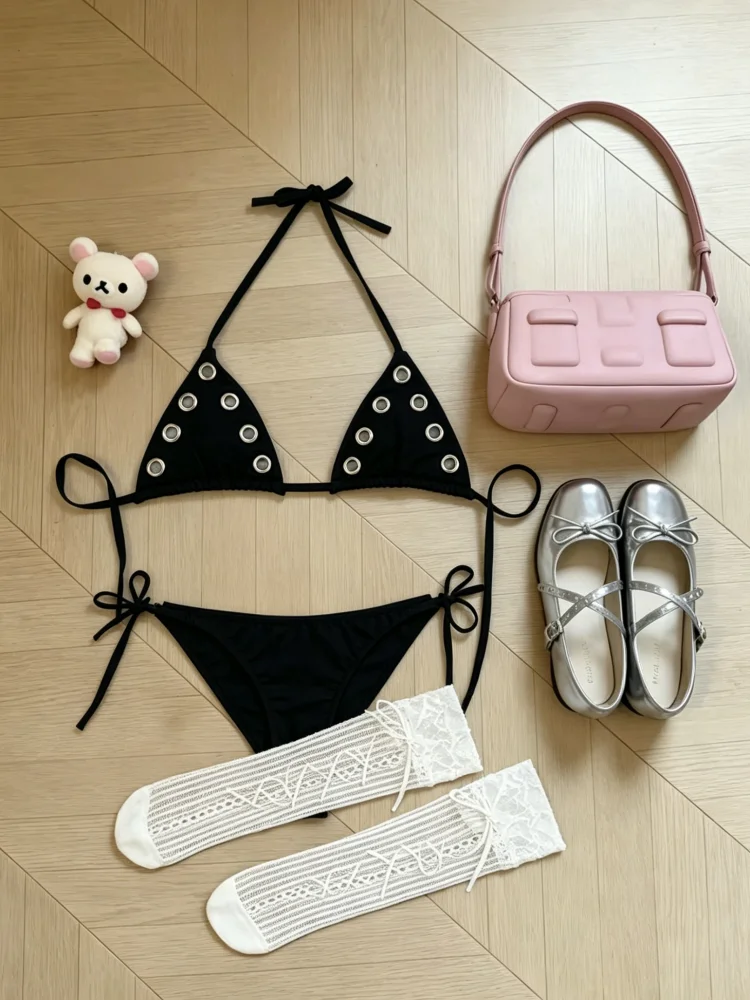 

Coquette Black Halter Triangle Top Women With Metal Eyelet Detail For Daily Wear And Beach Outfit