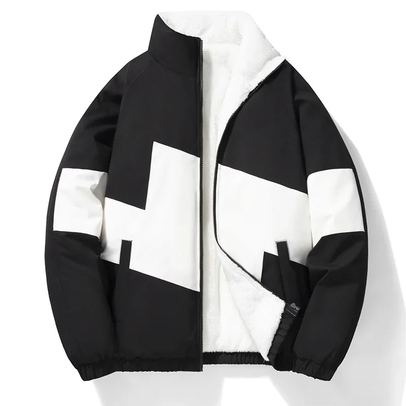 Winter Men Plush Jacket New Thicken Cold-proof Stand Collar Male Coat Contrast Color Long Sleeve Zipper Loose Man Outerwear