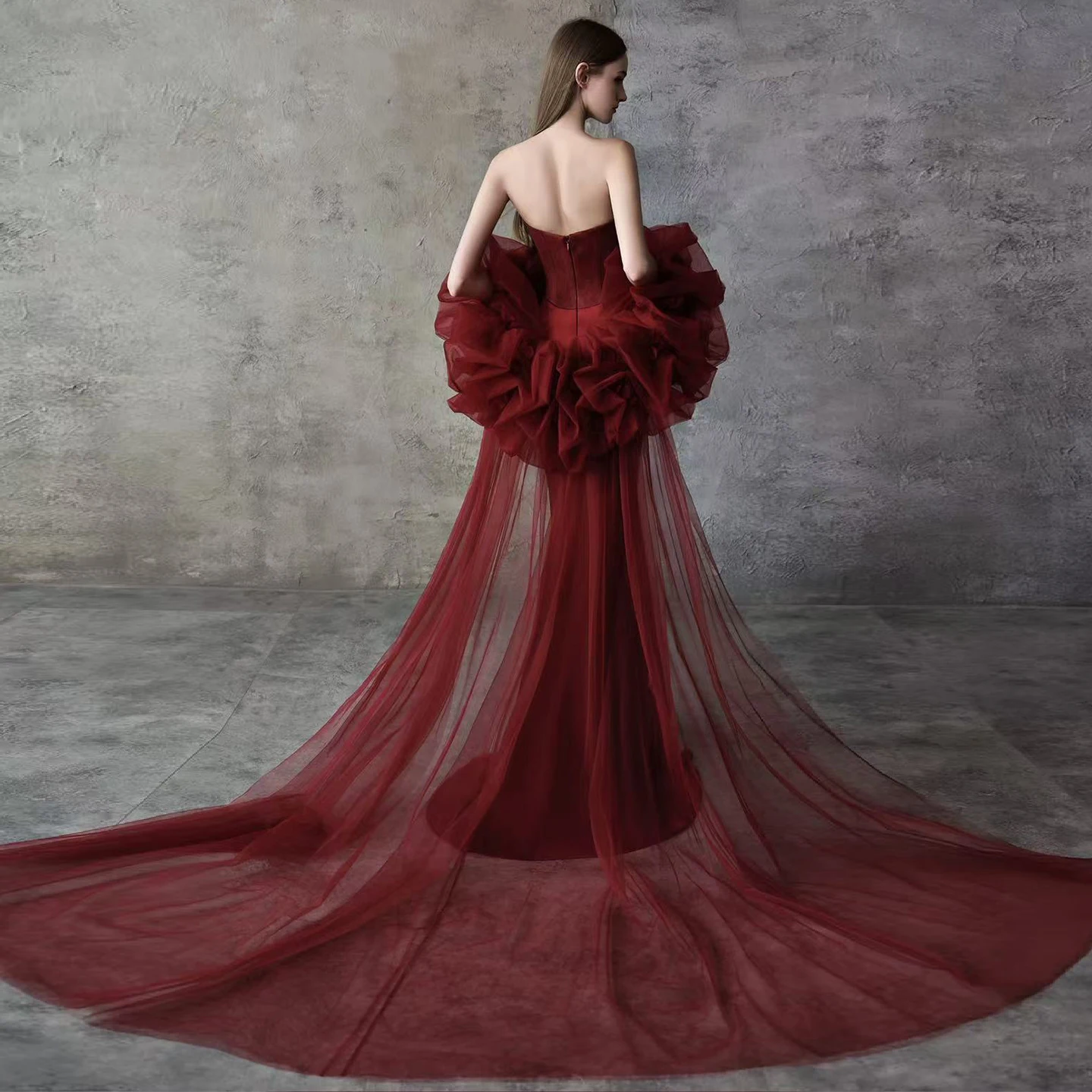 

Романтическая свадебная накидка из бордового тюля с пышными короткими рукавами, модная съемная длинная женская куртка, шикарная накидка в стиле Runway TSWD959