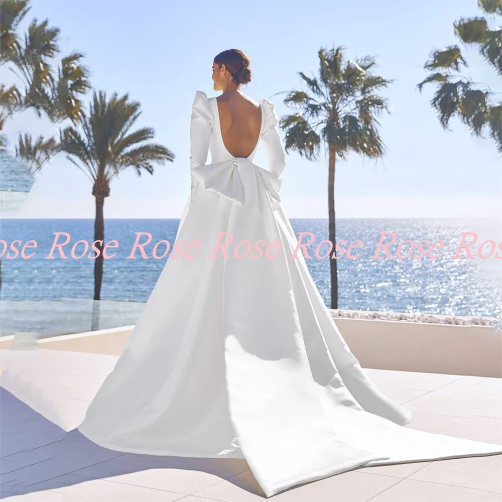 Furtanseo A Line Bridal Gown O Neck Wedding Dresses Simple Long Sleeves Open Back With Bow Sweep Train Vestidos De Novia