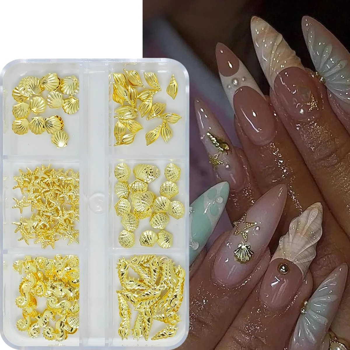 

6 Grids Summer Nail Charms and Gems Cute Shells Conchs Seahorse Starfish Nail Art Charms Gold Flat Back Gold Nail Rhinestones
