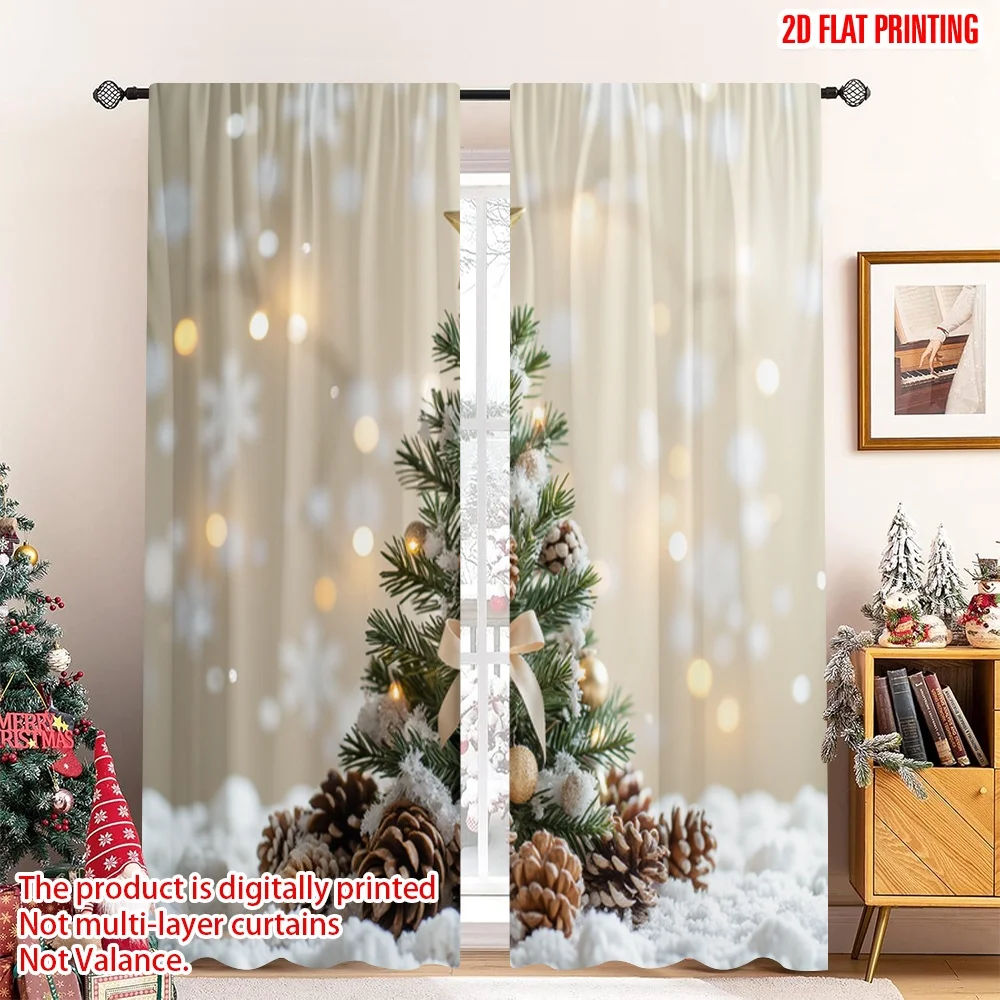 

2pcs 2D flat printing Christmas Window Curtains Rustic Pine Cones Christmas Tree Fabric Without Electricity Birthday Party