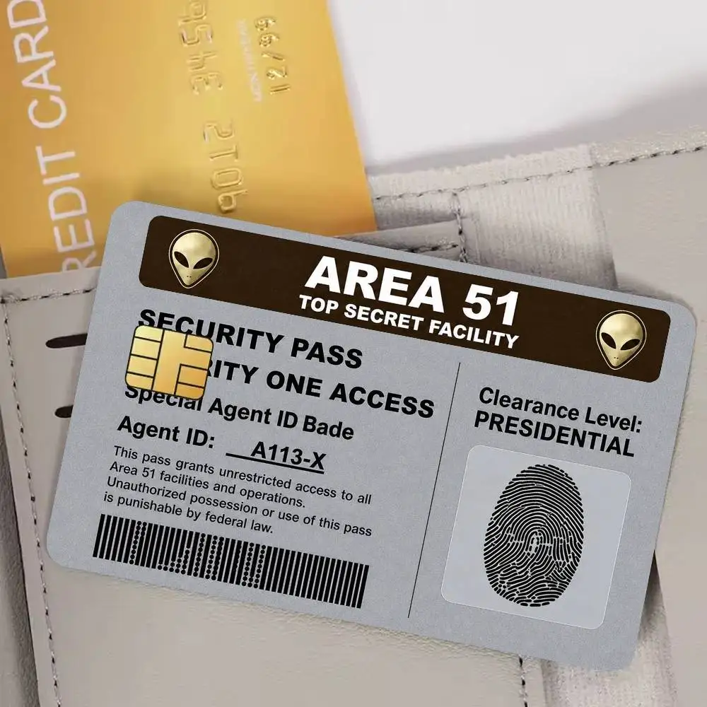 Area 51 Top Secret Alien Security Pass Bank Credit Cards Bus Pass Stickers Cool Decoration Waterproof 4PCS Card