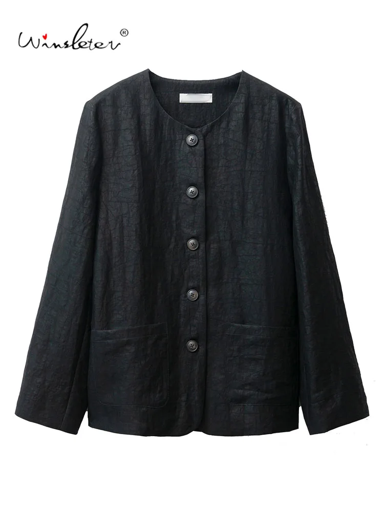 

Winsleter-100%Real Silk Elegant Watered Gauze Coat, O Neck Craquelure, Women Retro Commute Loose Coat, 2025 Autumn New C5O445CC