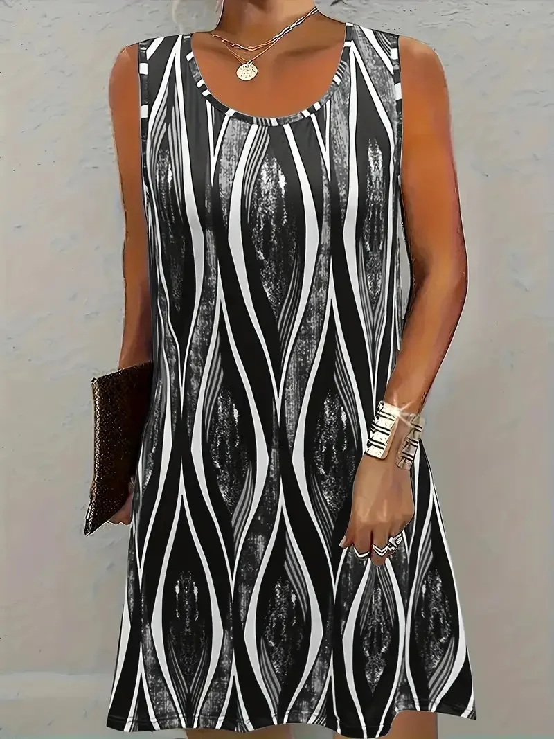 Fashion Striped Pattern Women Mini Dresses Summer Sleeveless 3D Printed Ladies Beach Casual Dress 3XL Plus Size Loose Dress