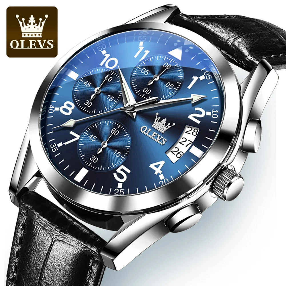 OLEVS Leather Strap Men\'s Watch Three Small Dials Multifunctional Date Waterproof Business Fashion Quartz Watch for Men Original