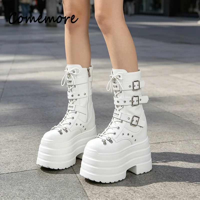 Comemore Chunky Platform Super High Heels Shoes Metal Decor Women Mid-calf Boots Black Ankle Boots Rivet Buckle Straps Footwears