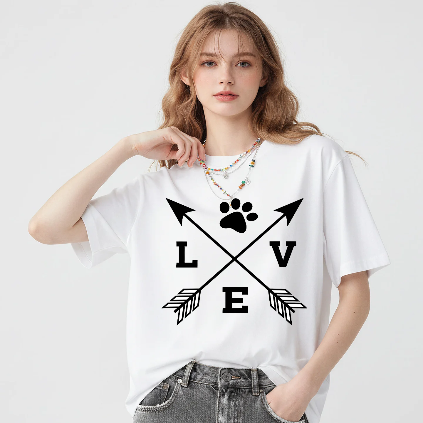 New Love Dog PAWS Black Casual Cartoon Large Size White Half Sleeve Short Sleeve Women's T-shirt Graphic Summer polyester fabric