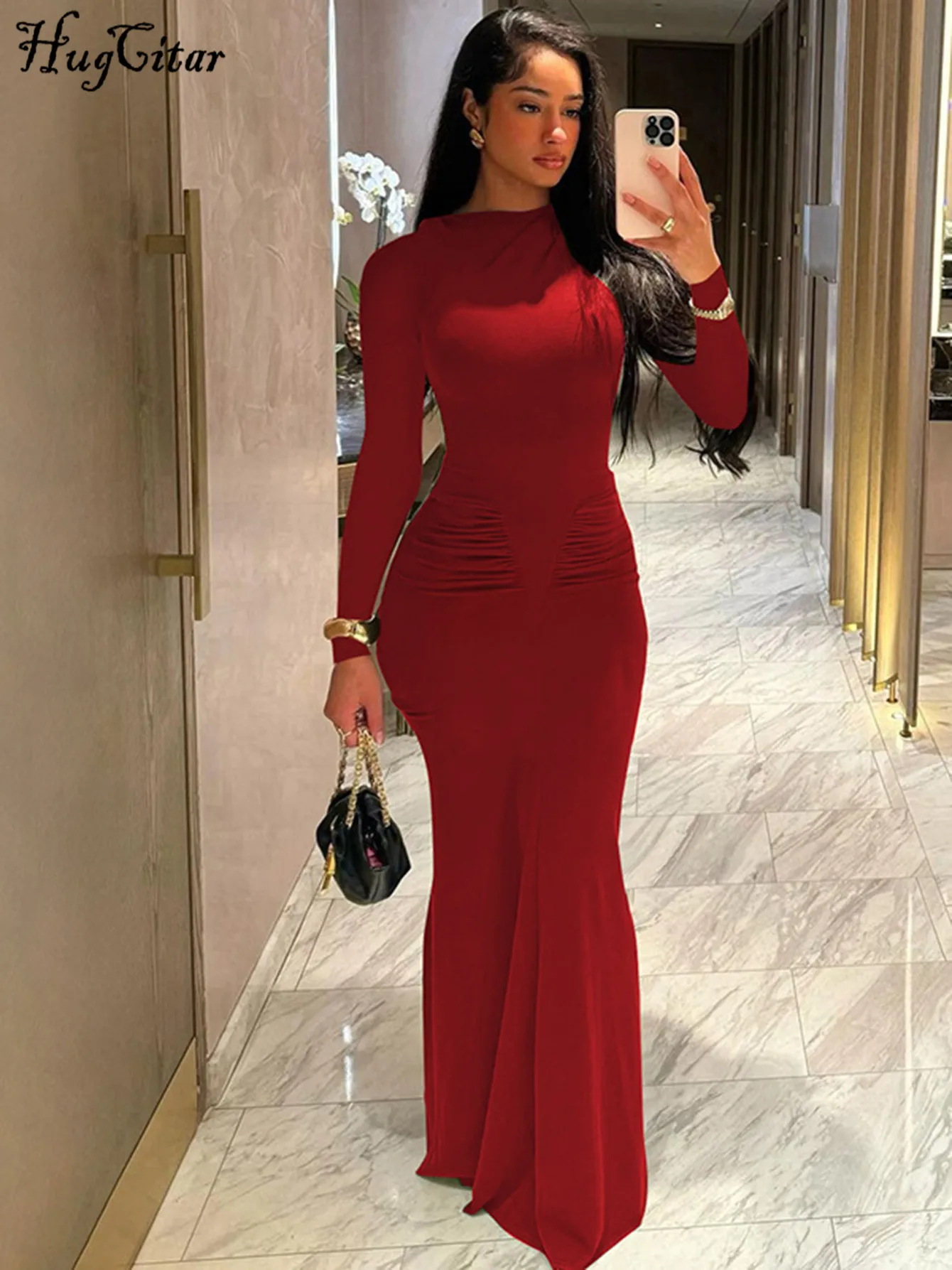 Hugcitar Autumn Solid Long Sleeve Draped Sexy Bodycon Maxi Prom Dress Women Fashion Y2K Outfits Evening Party Festival Club - Image 4
