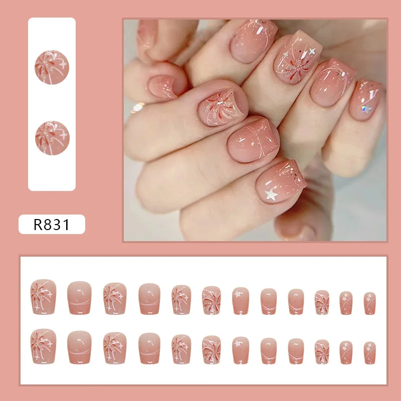 

24PCS Blush French Press-On Nails – Short Square Shape With Star & Firework Glitter Sweet Ins Style False Nail For Women Girl