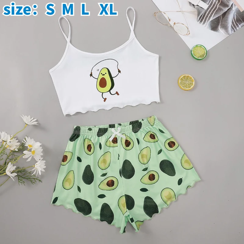 Summer women\'s sexy camisole top shorts two-piece set avocado print home suit set TL9375