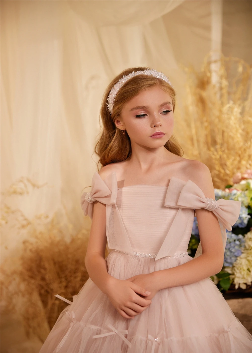 

Elegant Pink Flower Girl Dress Tulle Sparkle Lace Applique Wedding Lovely First Communion Gowns Kids Birthday Party Evening