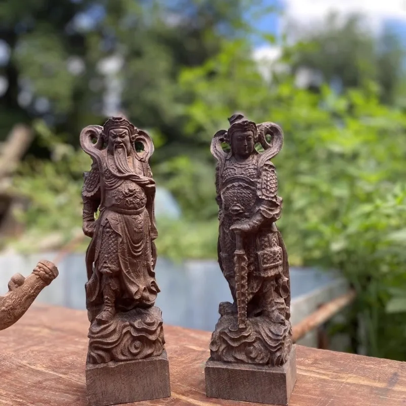 Hand Carved Dark Wooden Weituo Qielan Buddhist Guardian Statues Pair (Set of 2) - Protector Figurine Ornament Home Temple Decor