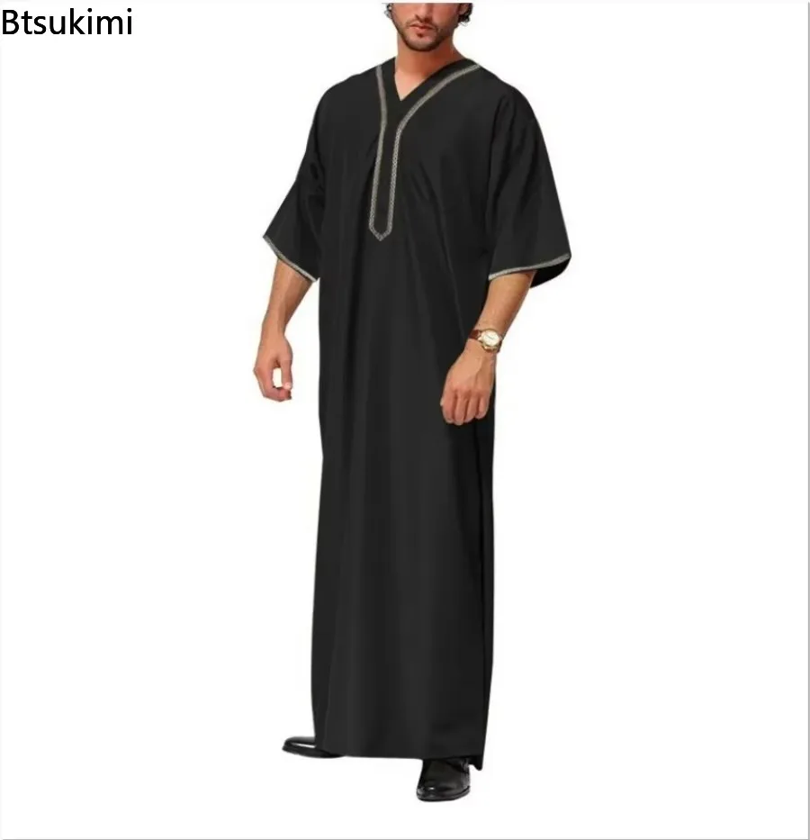 Mężczyźni Vintage Half Sleeve Muslim Kaftan Robes Leisure V Neck Printed Jubba Thobe Solid Patchwork Arabic Clothes Plus Size S-5XL