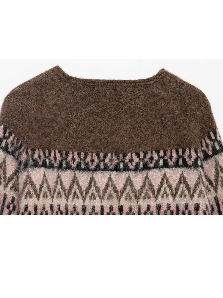 여성 겨울 신상 패션 크루넥 고무 효과 자카드 스웨터 여성 다용도 캐주얼 따뜻한 루즈 긴팔 풀오버 탑