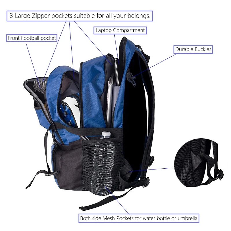 Youth Backpack Large Sport Bag with Separate Ball holder Shoes Compartment for Basketball Soccer Volleyball Multi Compartments