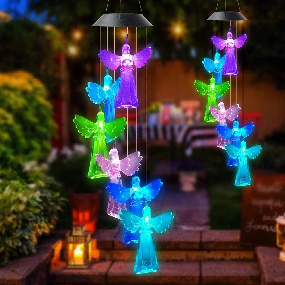 Solar Powered Wind Chime Light Angels Color Changing Night Light Outdoor/Indoor Garden Yard Patio Decor Hanging Lamp