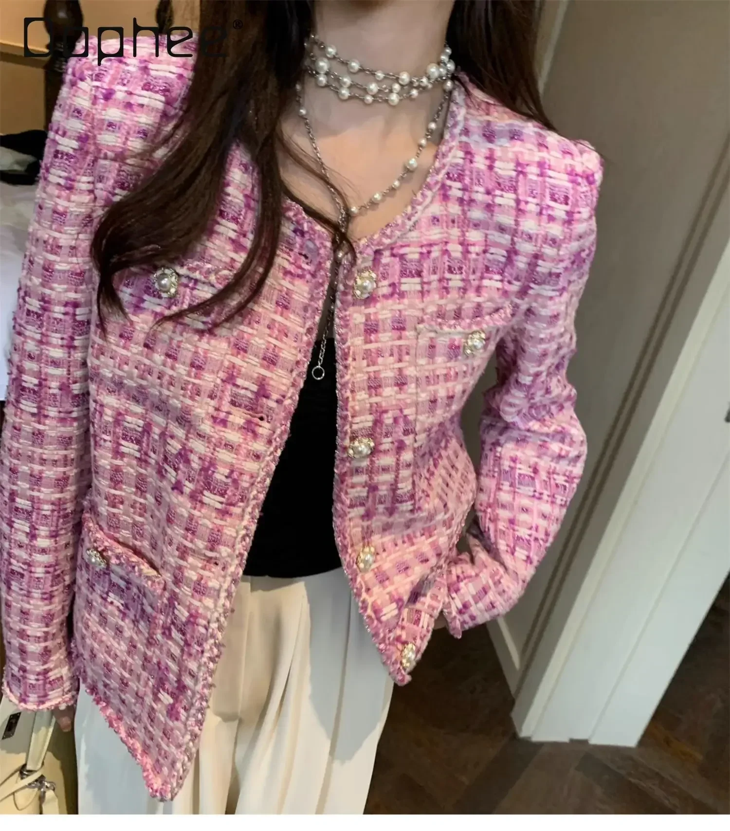 

Elegant Tweed Jacket Women 2024 Autumn Winter Fashion Down Liner Long Sleeve Round Neck Pockets Short Coat Office Lady