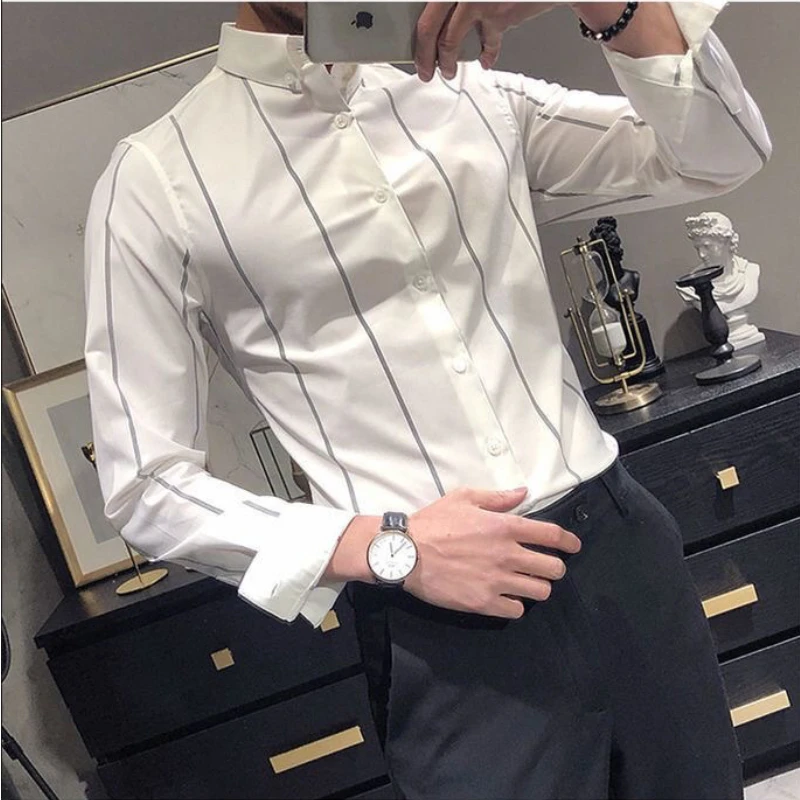 Men\'s Shirt Korean Fashion Stripe Basic Style Non-ironing Slim Fitting Suit POLO Collar Single Breasted Fashion Casual Commute