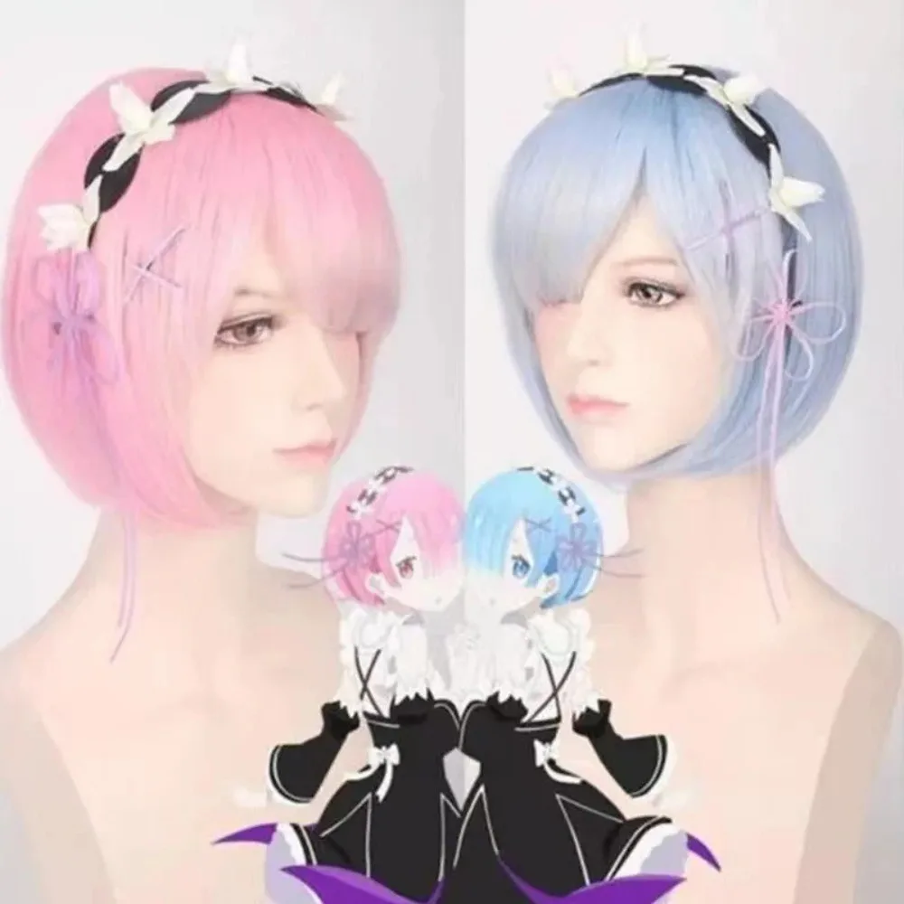 Starting From Scratch in A Different World Colorful Gradient Cosplay Ram Rem Cosplay Cosplay Wig Bangs BOB Short Straight Hair
