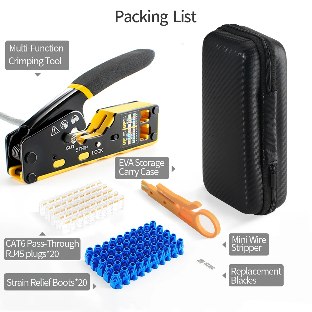 Cat6 Pass Through RJ45 Crimping Tool Kit, 8P 6P Ethernet Crimper Pliers with Cable Stripper, 20Pcs Cat6 ConnectorsandBoots