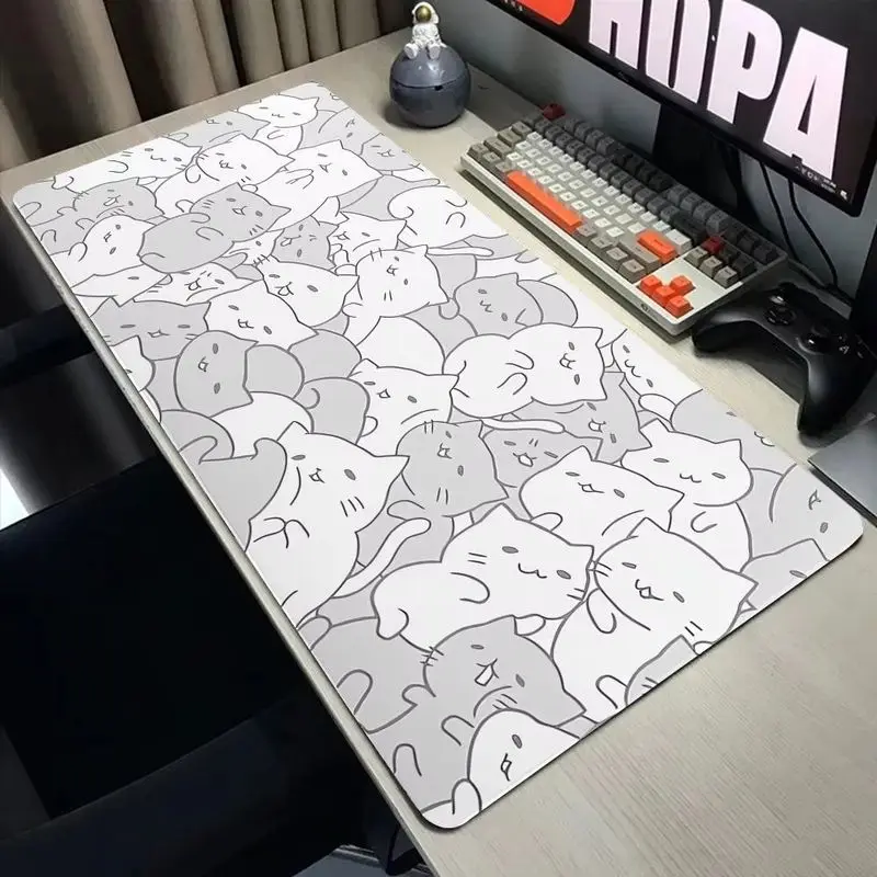 VIKAMA Vintage Ink Sketch Cat Book XXL Desk Mat Anti Slip Waterproof Minimal Line Drawing Keyboard Mouse Pad Library Room Decor