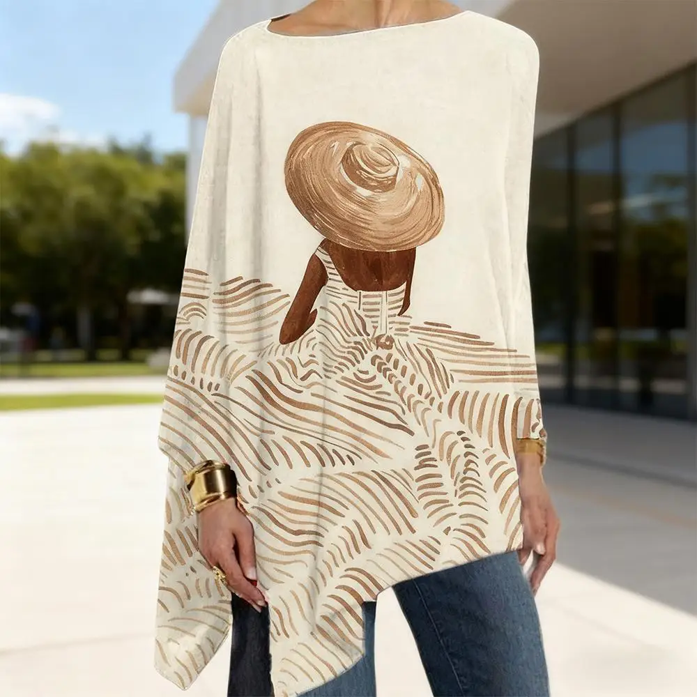 

Retro Batwing Sleeve Loose Printed Top Bohemian-style Long-sleeved Top With Irregular Hem Design Women's Vacation Casual Wear