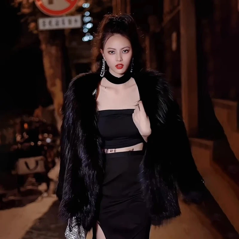 YOLANFAIRY 가을 겨울 수입 여우털 코트 여성 순색 두꺼운 브이넥 짜임 프린지 퍼 코트 2025