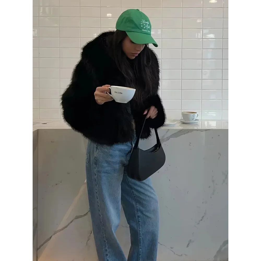 2025 invierno nueva moda mujer abrigo de piel sintética marrón solapa suelta manga larga gruesa felpa chaquetas cortas cálidas