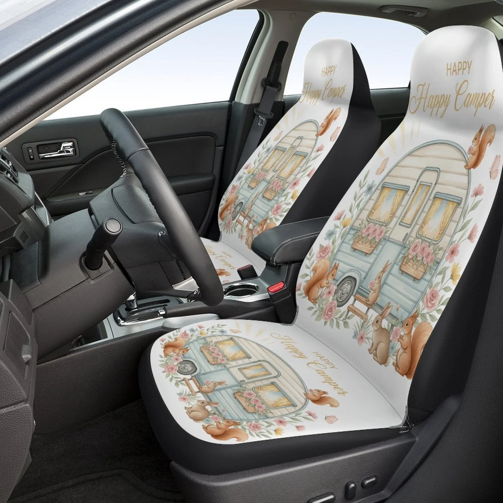 Happy Camper Trailer Themed Car Seat Cover Set For Most Cars, Trendy High-quality Car Seat Protector Covers Full Set, Universal