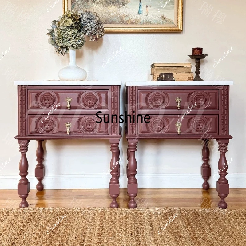 

French retro red engraved bedside table solid wood storage small bedroom storage engraving