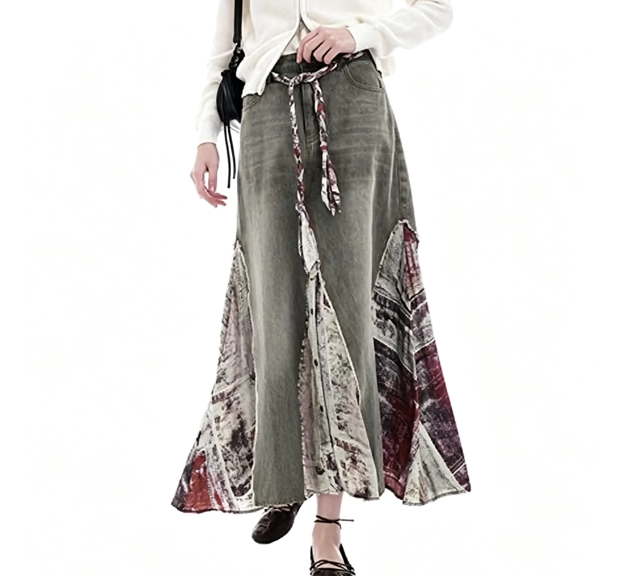 Europe, America, Spain Original Single Women's Half length Skirt Cowboy Splicing Printed Insert Piece Long Skirt New Product