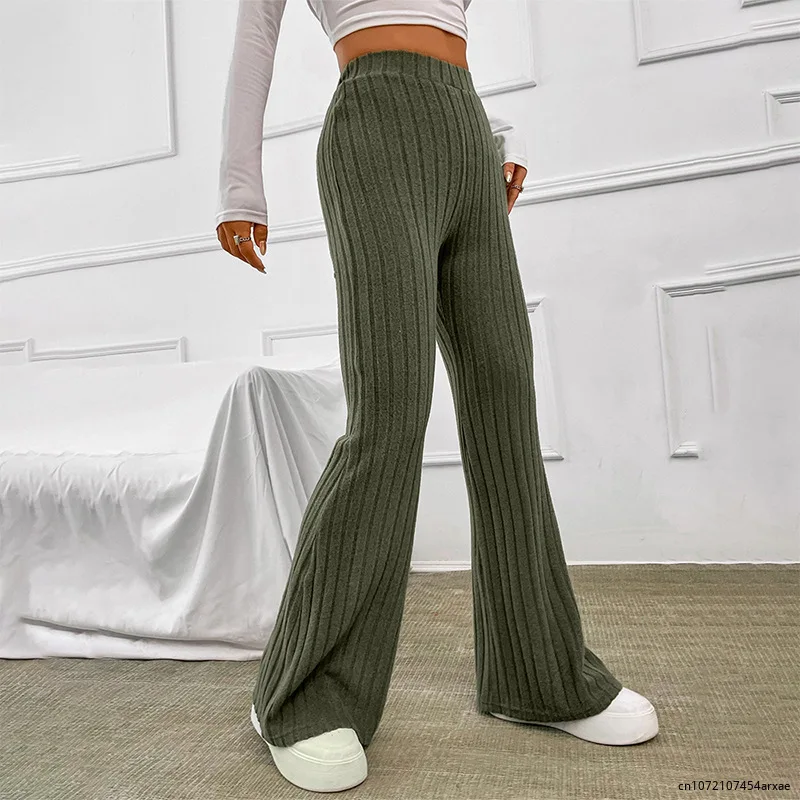 

High Waist Flare Long Pants Women Autumn Winter Casual Solid Color Elastic Waist Ribbed Bell-Bottoms Long Trousers Streetwear