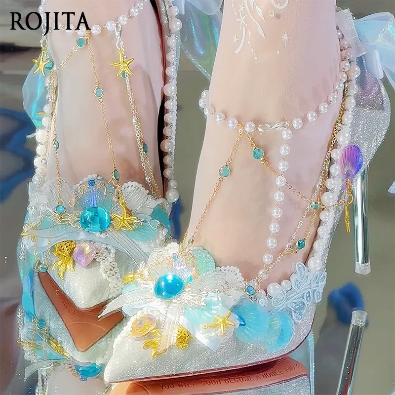 Beaded Bride Mermaid Fine Glitter Coming-of-Age High Heel Lo Wedding Shoes 2025 Spring Autumn Pointed Toe Bow Shoes Women