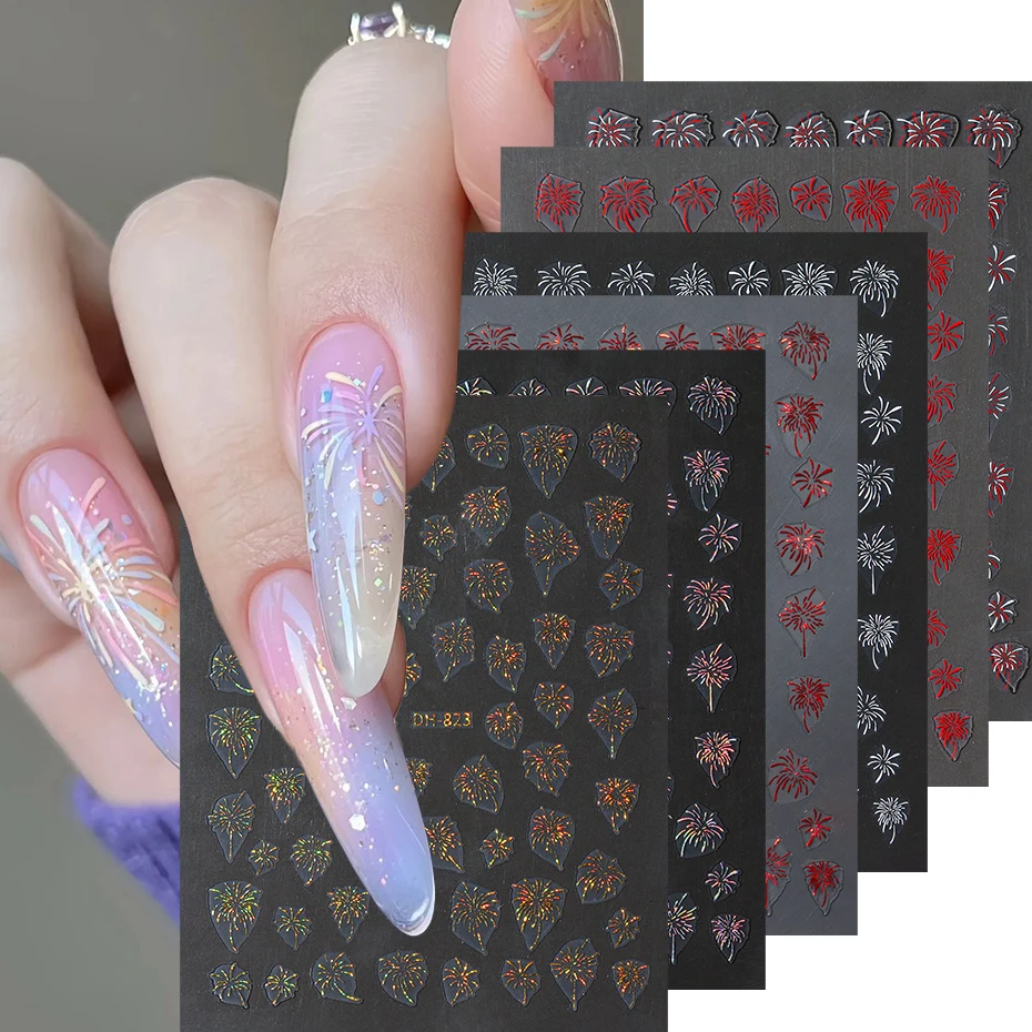 6 قطعة ملصقات الأظافر الألعاب النارية ، الذهب الأحمر الليزر تزهر الألعاب النارية نمط مسمار الشارات ثلاثية الأبعاد ذاتية اللصق مانيكير الزينة DIY بها بنفسك