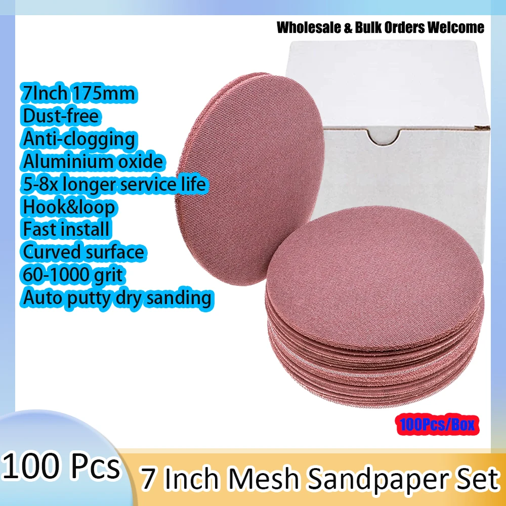100pcs-7-inch-175mm-977a-mesh-dust-free-sanding-disc-hook-loop-60-1000-grit-for-wall-drywall-sander