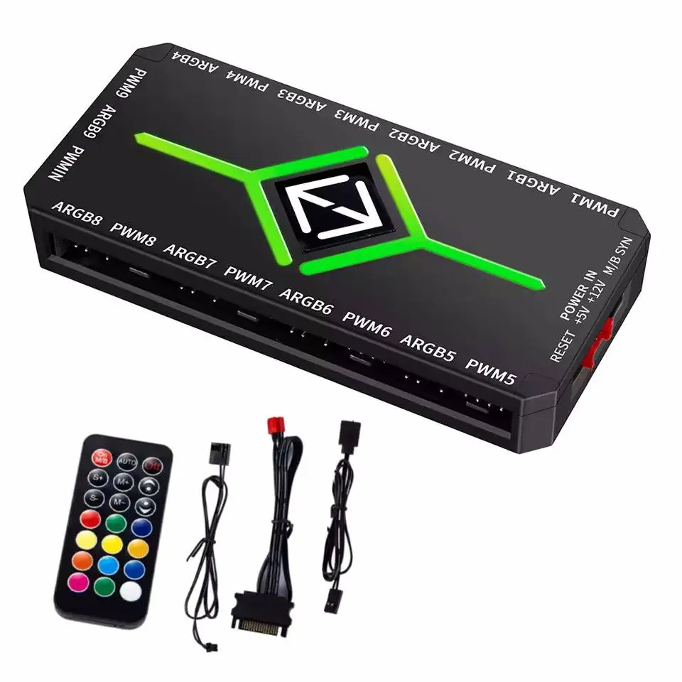  3-in-1 5V 3-Pin ARGB Controller Lüfter-Hub 4-Pin PWM Magnetischer Saughub PWM Lüfter-Hub 1-zu-9 Anschlüsse für Computer PC Gehäuselüfter
