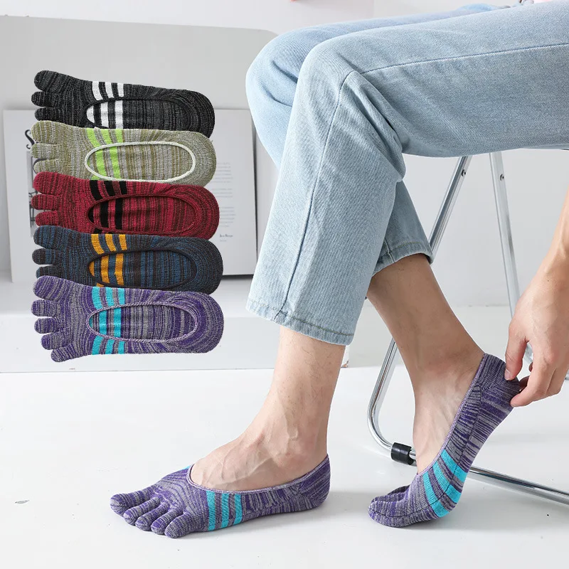 5 Pairs Men's Invisible Sock Slippers with Toes Colorful Cotton Non-Slip Low Cut Sock Harajuku Striped 5 Fingers No Show Socks
