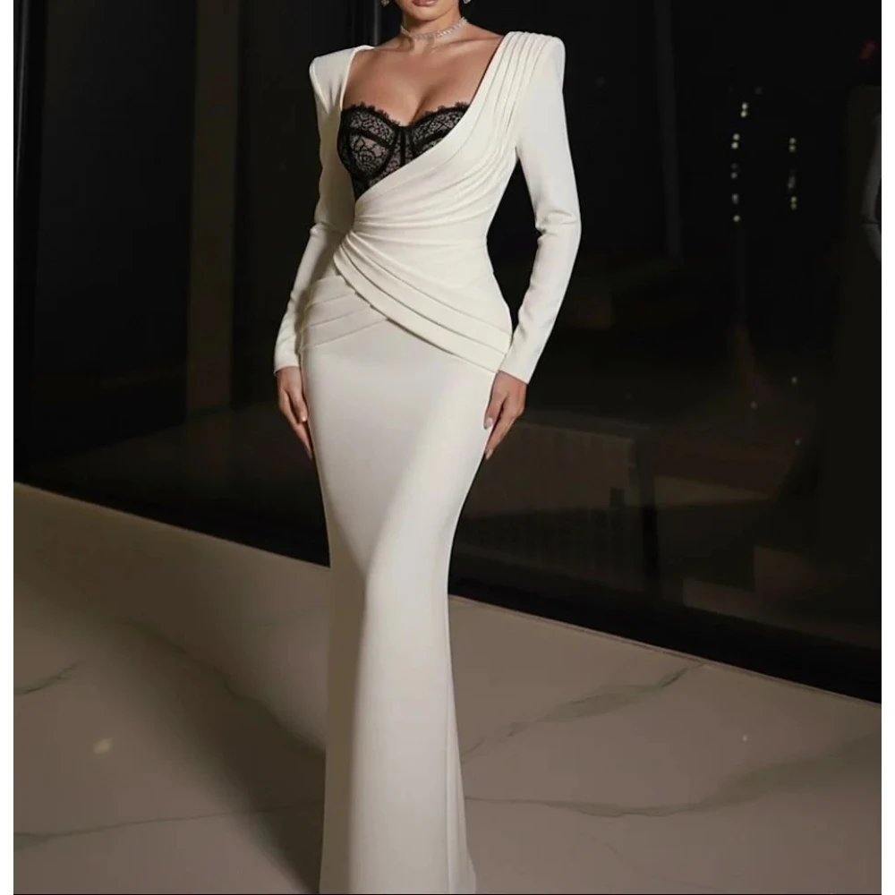 

Современное вечернее платье с длинными рукавами, милое плиссированное кружевное платье для выпускного вечера длиной до пола, вечернее платье русалки по индивидуальному заказу