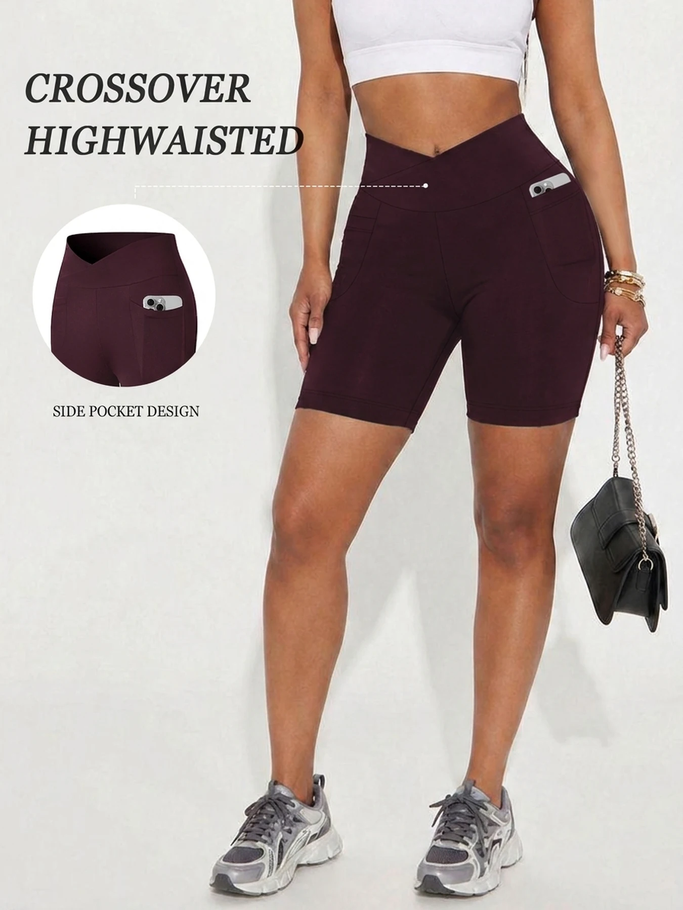 Damen Super Weiche Crossover High-Waist Biker-Shorts mit Taschen, Bauchkontrolle, Blickdicht, für Workout, Yoga und Laufen – Detail 7