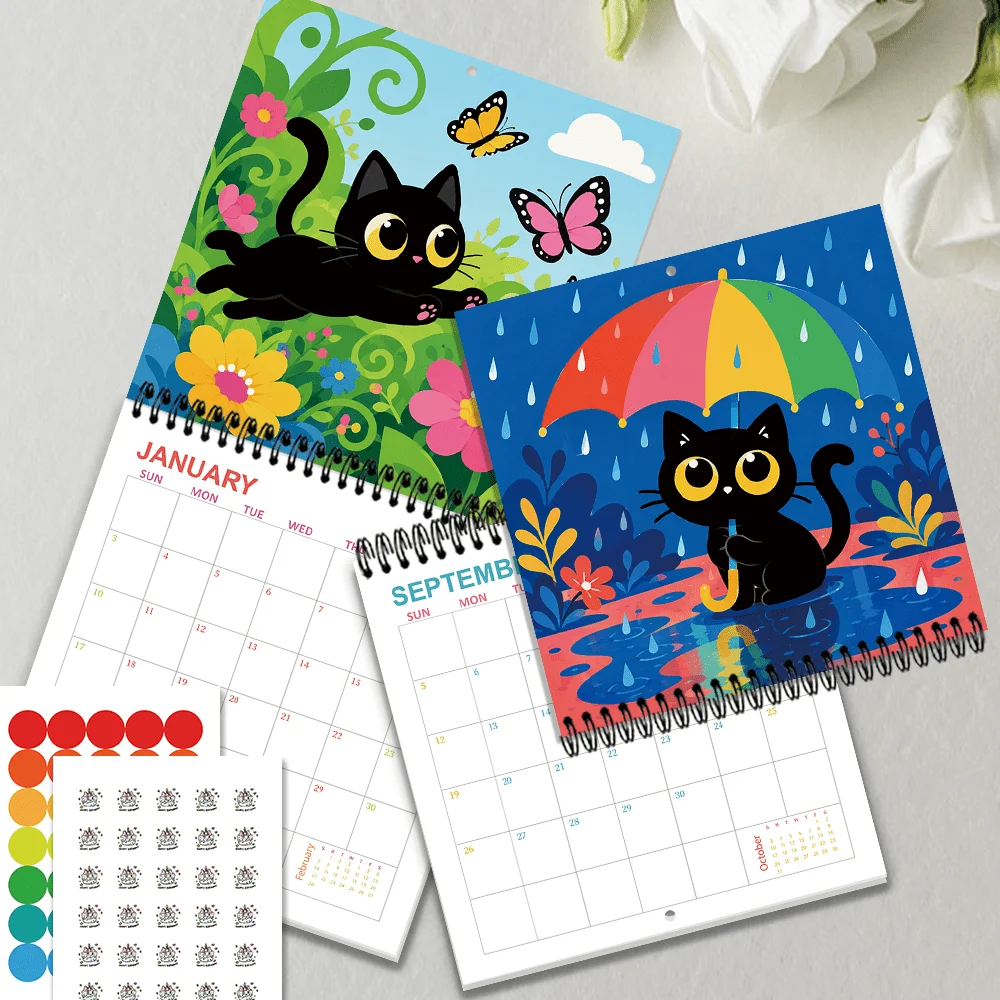 1pc 2027 Big Eyes Black Cat Wall Calendar,12‑Month Planner,Gift For Back‑to‑School,Christmas,New Year,Free Stickers Included