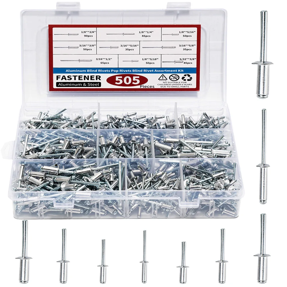 

505pcs Aluminum Blind Rivets, 9 Sizes Pop Rivets Assortment Kit, 1/8" 3/16" 5/32" Diameter Blind Rivet Set