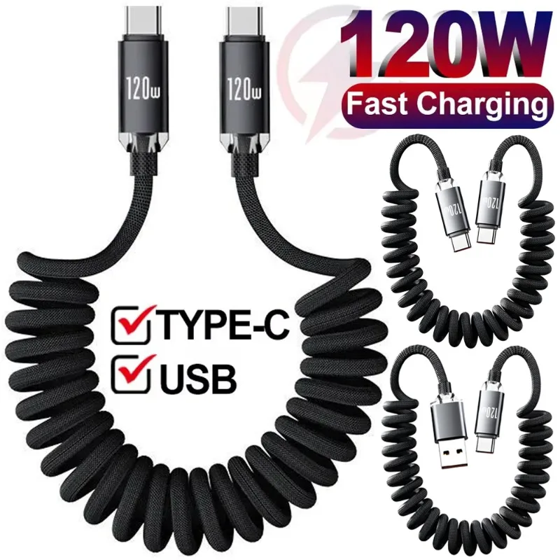 1M/2M USB C To Type C Fast Charge Spring Cable Telescopic Charging Car Phone Charger Data Cord for iPhone Samsung USB Cables
