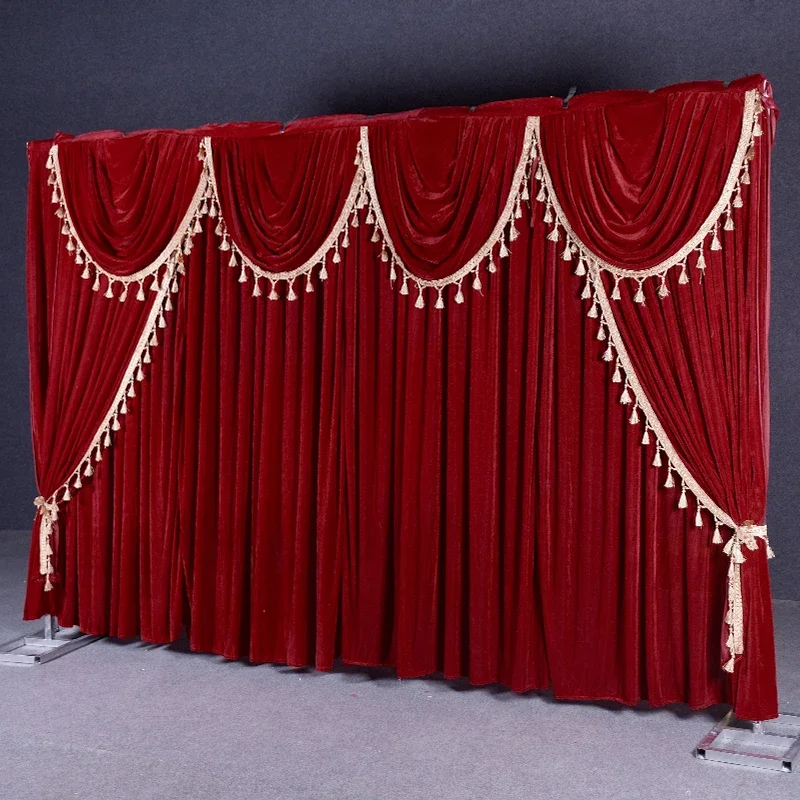 Golden Fringed Edge Velvet Valance Curtains Event Party Panel Valance Decoration Wedding Backdrop Curtain Swag Stage Background