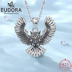 Eudora Real 925 Sterling Silver Owl Necklace Animal Wing Cool Pendant for Men Women Vintage Jewelry Personality Party Gift