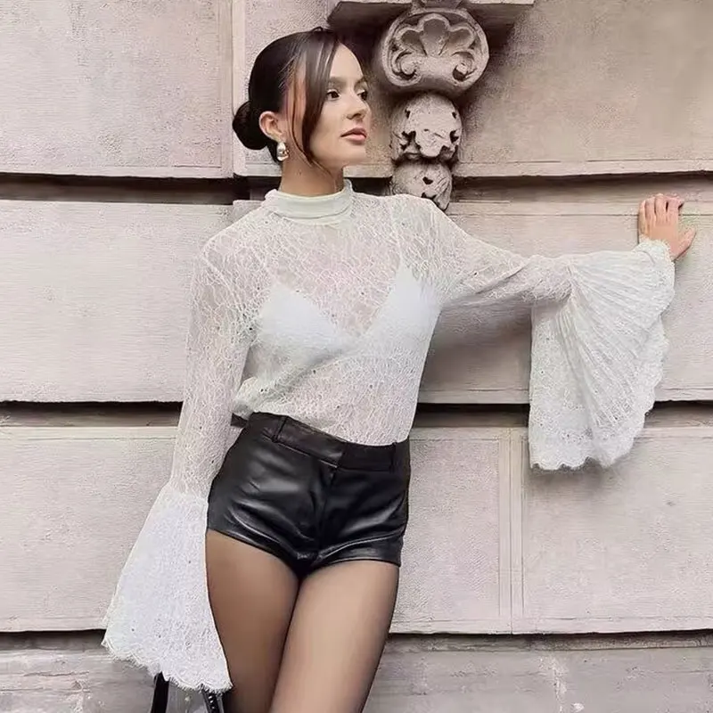 

NLZGMSJ 2026, весенняя прозрачная кружевная женская повседневная блузка с расклешенными рукавами и круглым вырезом, оборками, тонкая рубашка, женский топ Y2K