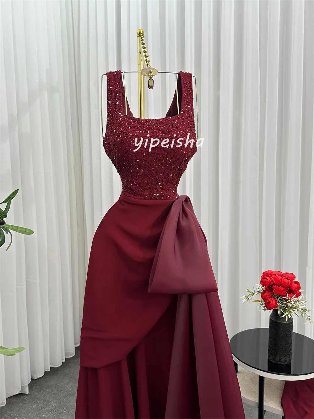 Customized Fashion Intricate Jersey Bow Beading Sequined A-line Square Neck Long Dresses Bespoke Occasion Dresses High Quality